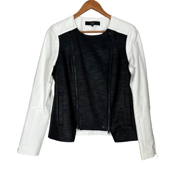 Tibi  Colorblock Moto Jacket Zip Up Long Sleeve Pockets Black/White - Picture 1 of 12